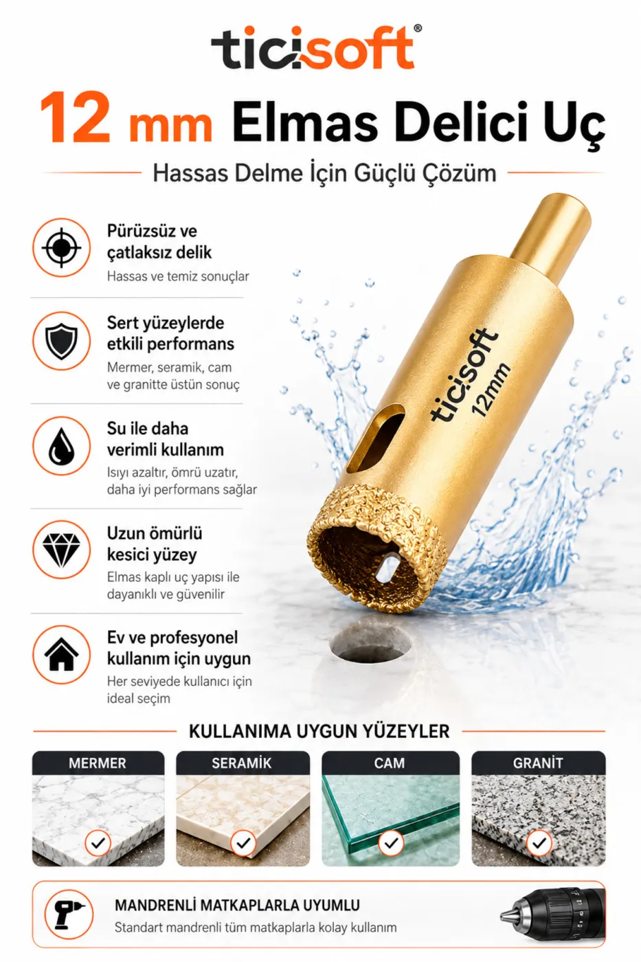 12 mm Elmas Delici Uç Mermer Seramik Cam Granit Panç Matkap Ucu