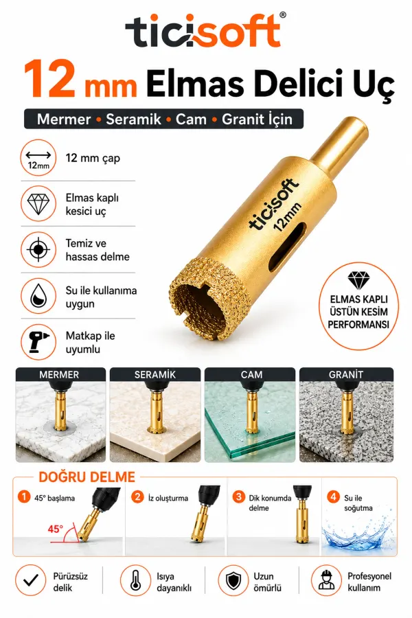 12 mm Elmas Delici Uç Mermer Seramik Cam Granit Panç Matkap Ucu