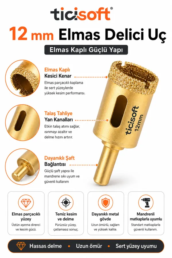 12 mm Elmas Delici Uç Mermer Seramik Cam Granit Panç Matkap Ucu