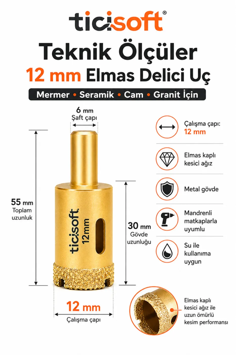 12 mm Elmas Delici Uç Mermer Seramik Cam Granit Panç Matkap Ucu
