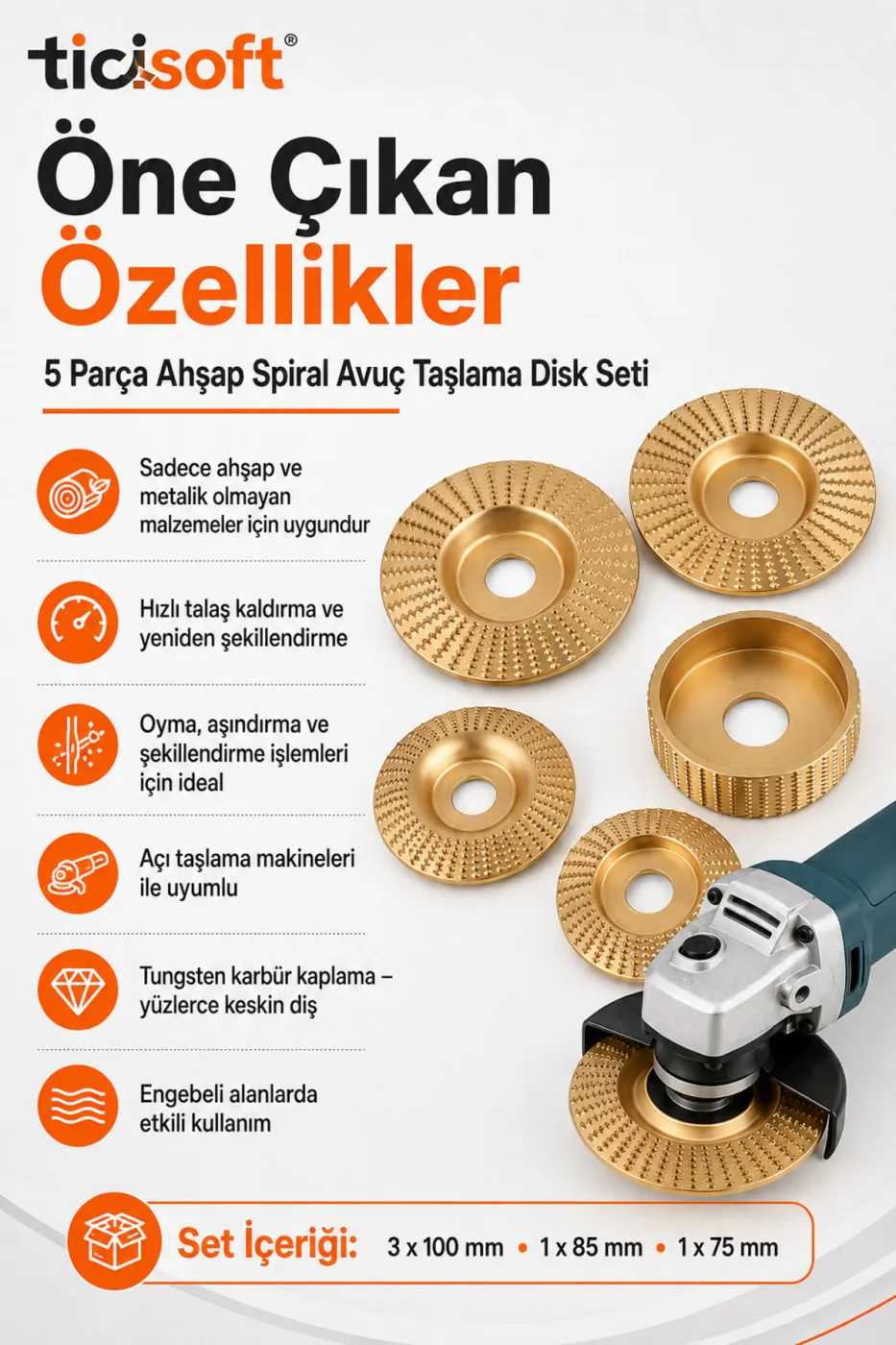 Ahşap Oyma ve Aşındırma Karbür Şekillendirme Disk Seti 100-85-75 mm 5 Parça Avuç Taşlama Seti 22 mm