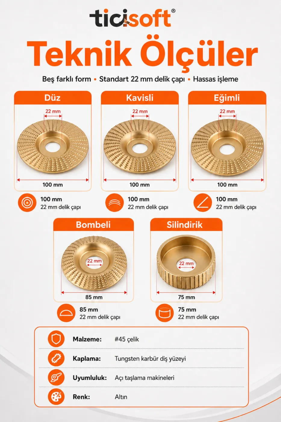 Ahşap Oyma ve Aşındırma Karbür Şekillendirme Disk Seti 100-85-75 mm 5 Parça Avuç Taşlama Seti 22 mm