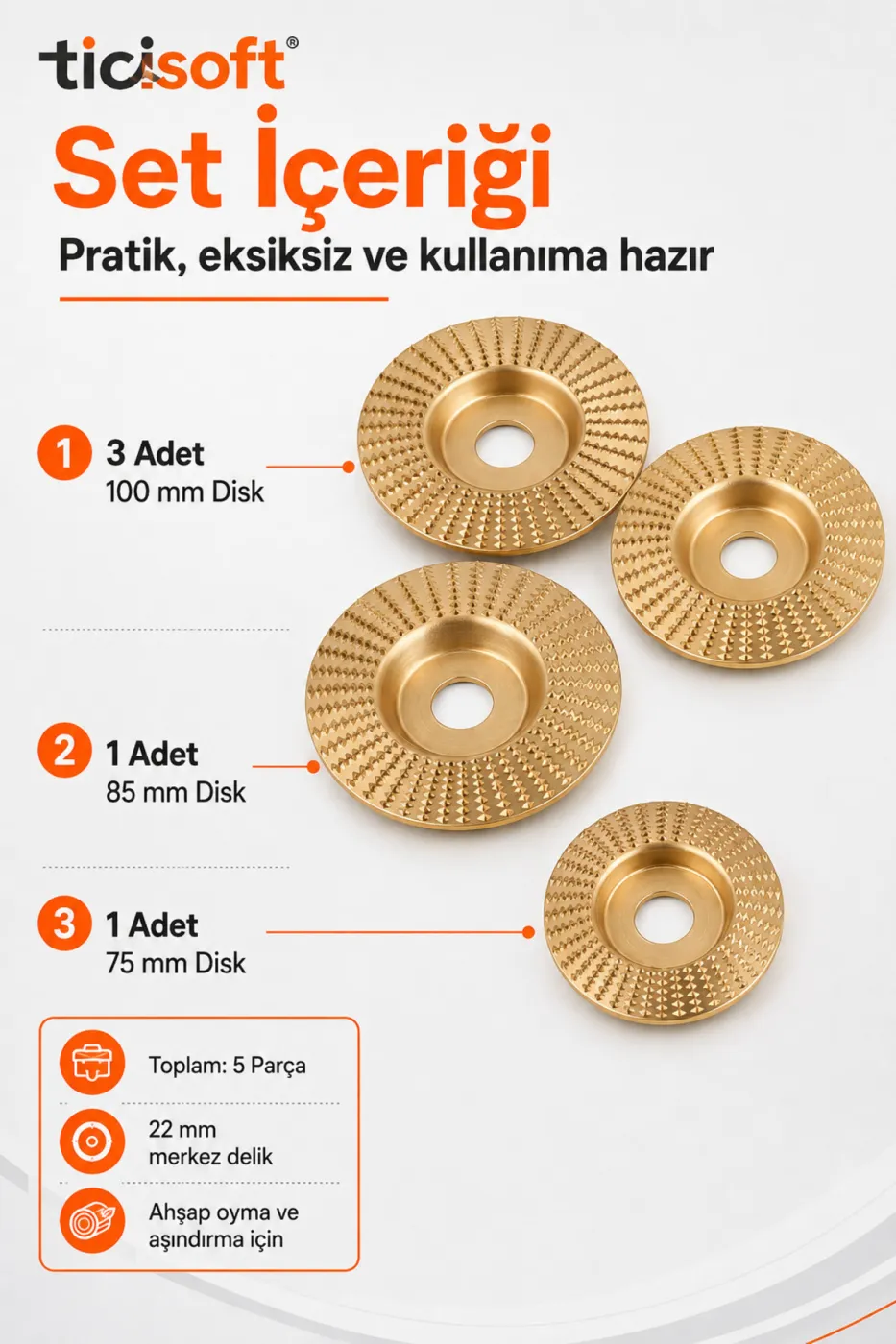 Ahşap Oyma ve Aşındırma Karbür Şekillendirme Disk Seti 100-85-75 mm 5 Parça Avuç Taşlama Seti 22 mm