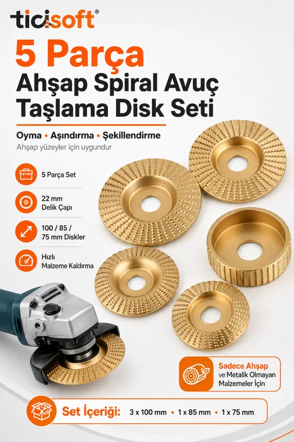 Ahşap Oyma ve Aşındırma Karbür Şekillendirme Disk Seti 100-85-75 mm 5 Parça Avuç Taşlama Seti 22 mm