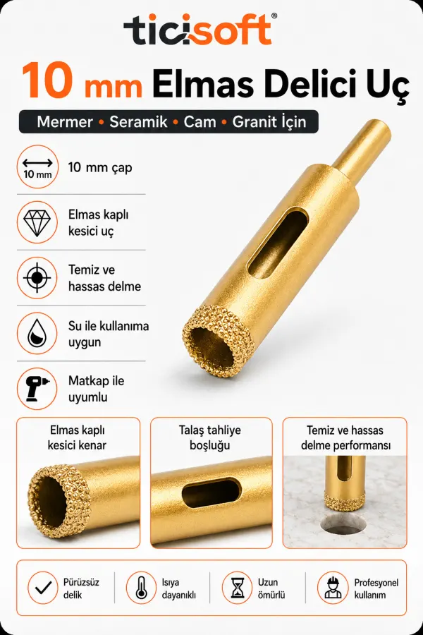 10 mm Elmas Delici Uç Mermer Seramik Cam Granit Panç Matkap Ucu