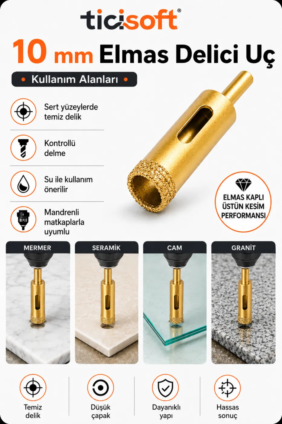 10 mm Elmas Delici Uç Mermer Seramik Cam Granit Panç Matkap Ucu