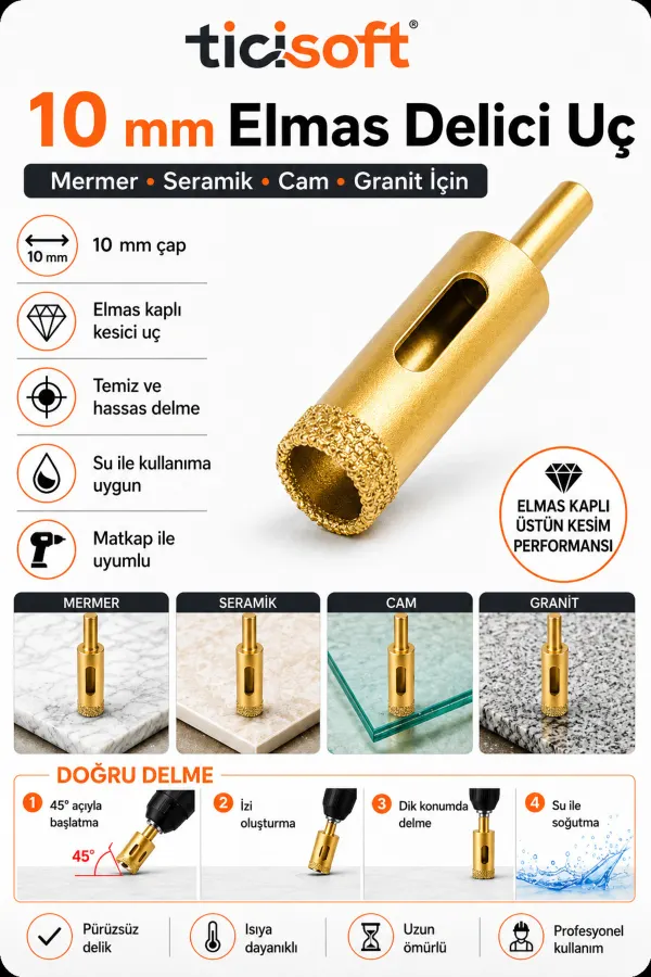 10 mm Elmas Delici Uç Mermer Seramik Cam Granit Panç Matkap Ucu