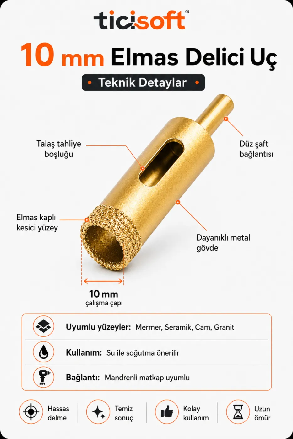 10 mm Elmas Delici Uç Mermer Seramik Cam Granit Panç Matkap Ucu