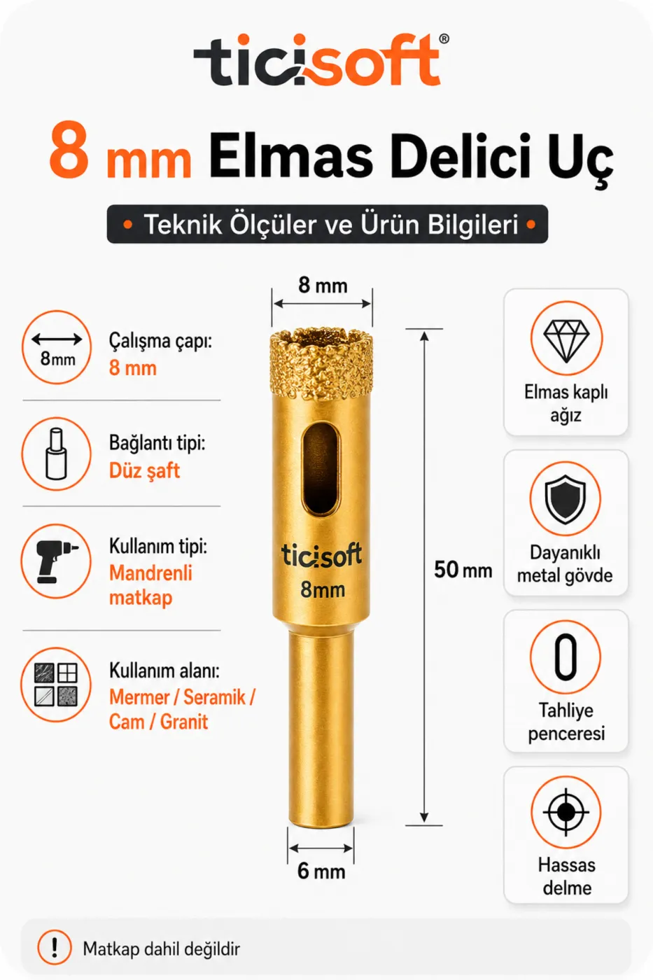 8 mm Elmas Delici Uç Mermer Seramik Cam Granit Panç Matkap Ucu