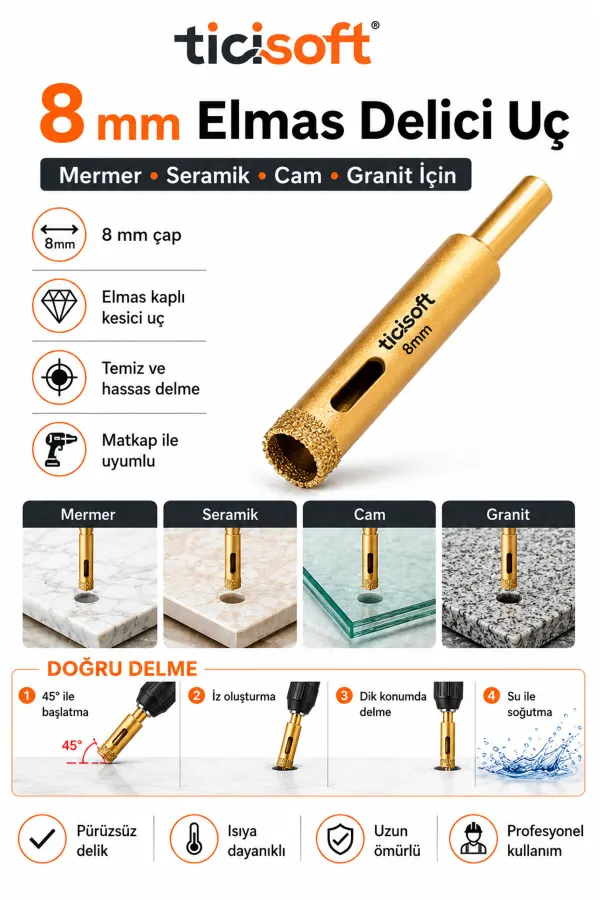 8 mm Elmas Delici Uç Mermer Seramik Cam Granit Panç Matkap Ucu
