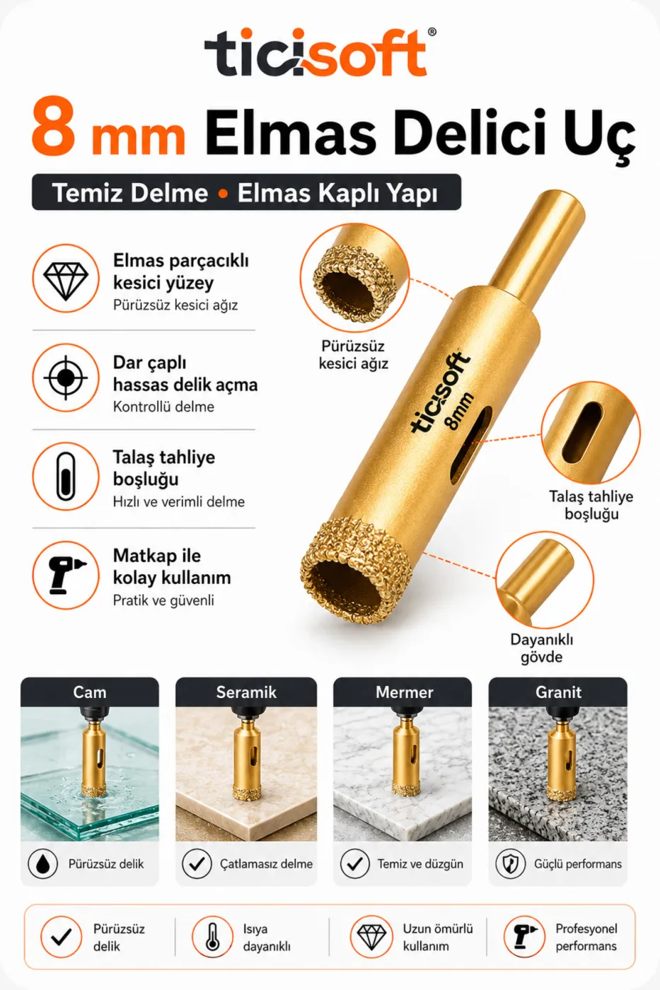 8 mm Elmas Delici Uç Mermer Seramik Cam Granit Panç Matkap Ucu