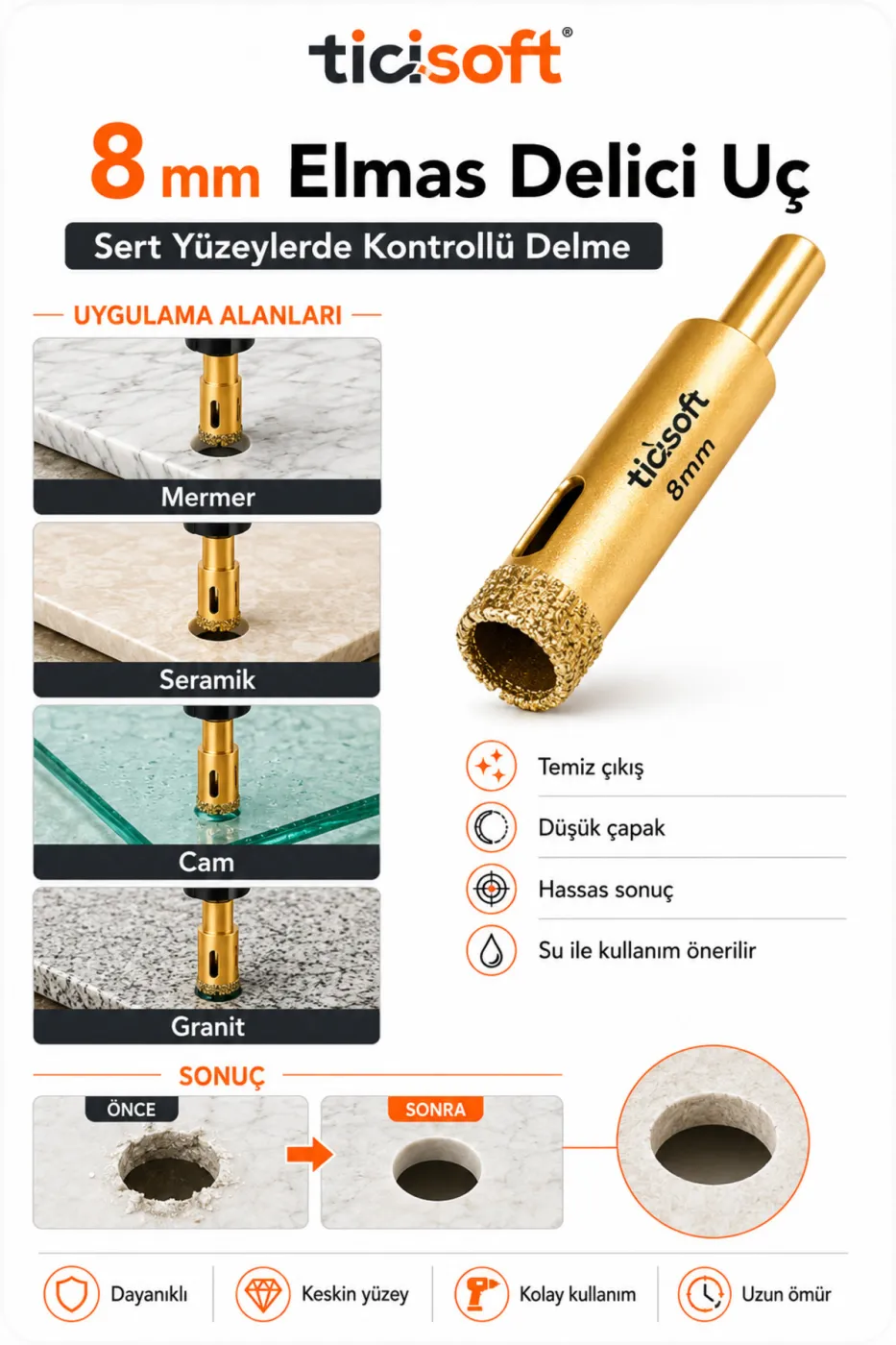 8 mm Elmas Delici Uç Mermer Seramik Cam Granit Panç Matkap Ucu