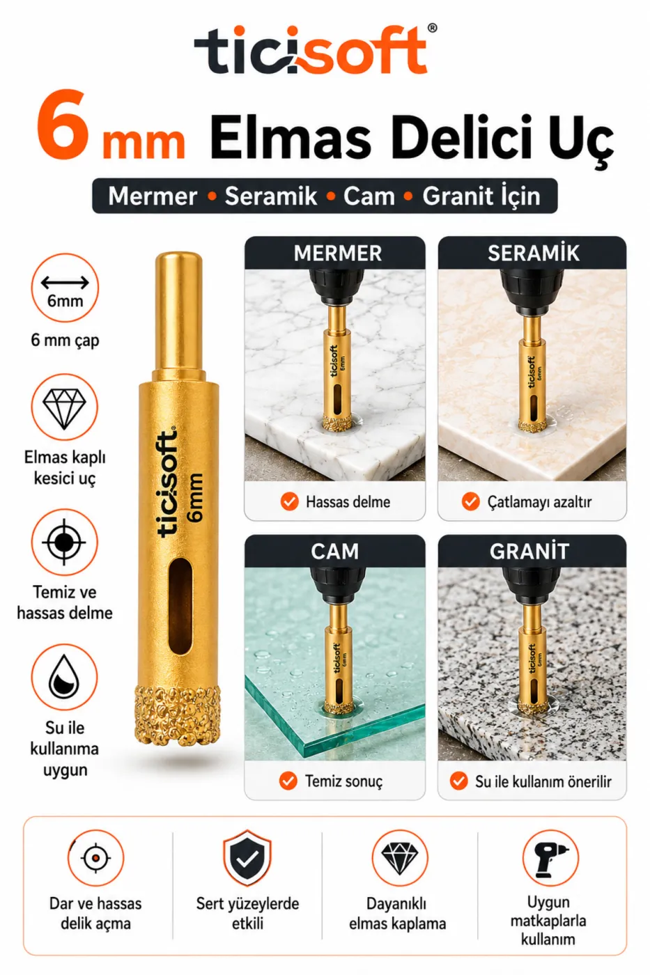 6 mm Elmas Delici Uç Mermer Seramik Cam Granit Panç Matkap Ucu