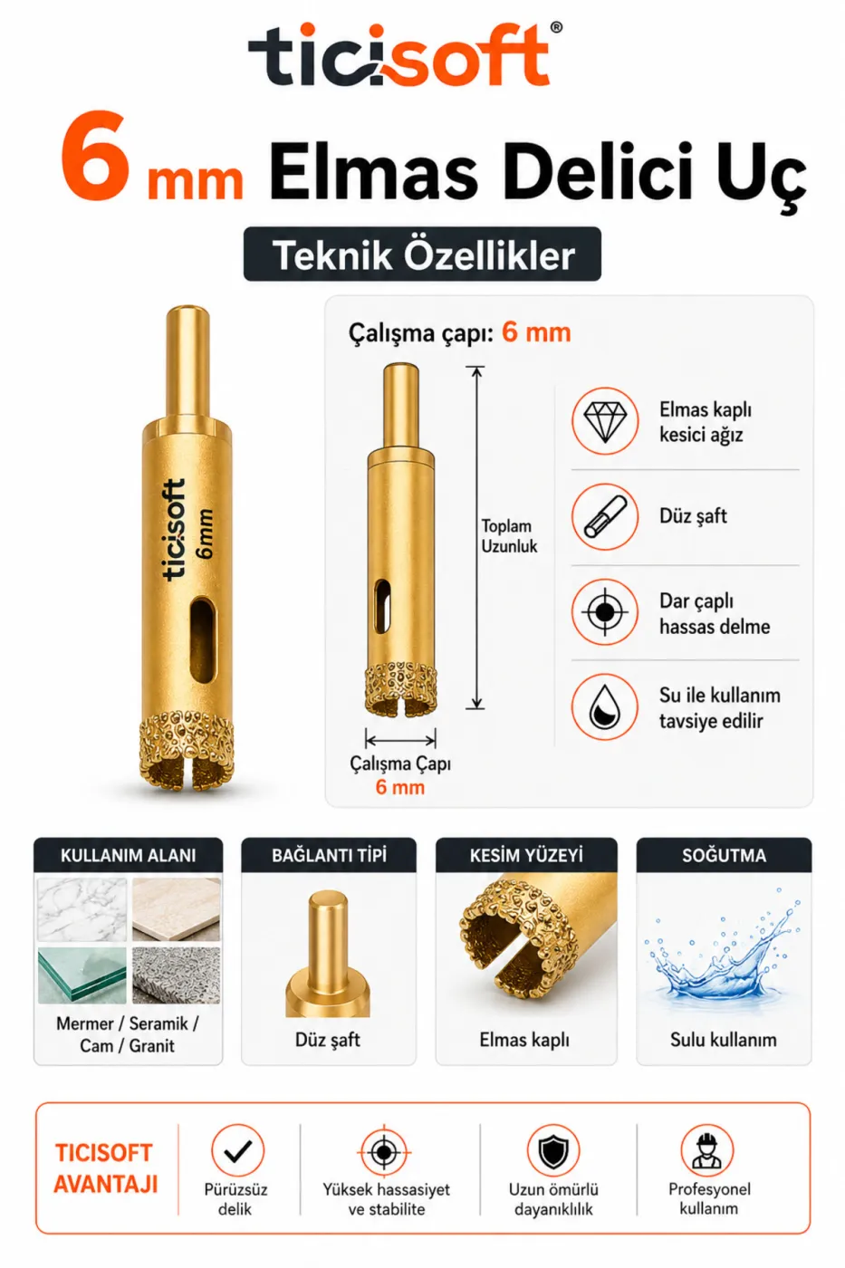 6 mm Elmas Delici Uç Mermer Seramik Cam Granit Panç Matkap Ucu