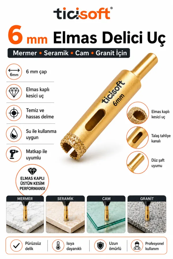6 mm Elmas Delici Uç Mermer Seramik Cam Granit Panç Matkap Ucu