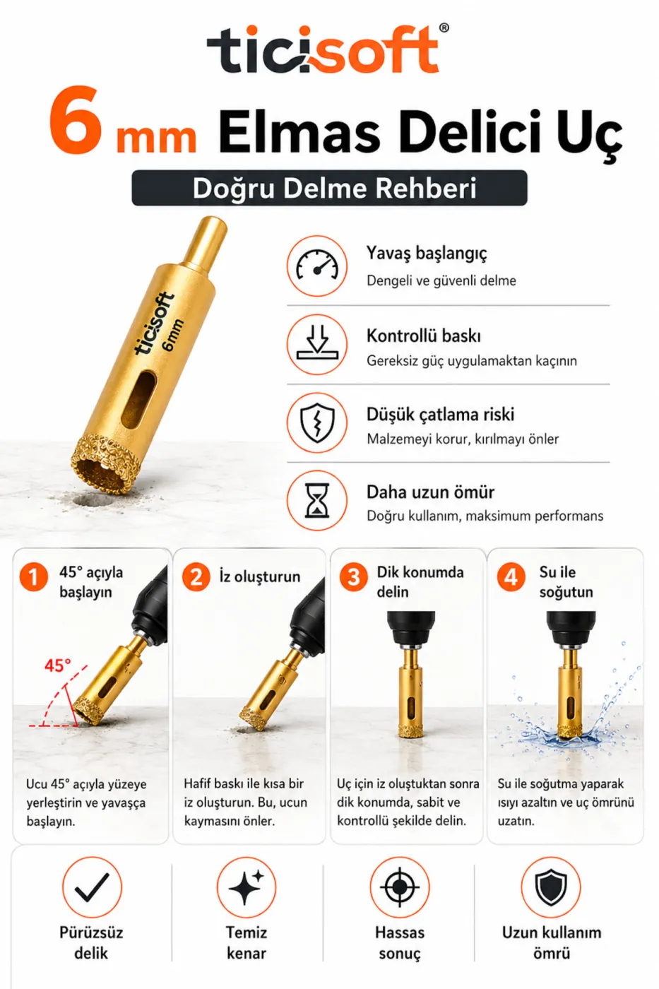 6 mm Elmas Delici Uç Mermer Seramik Cam Granit Panç Matkap Ucu