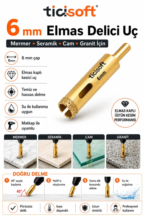 6 mm Elmas Delici Uç Mermer Seramik Cam Granit Panç Matkap Ucu
