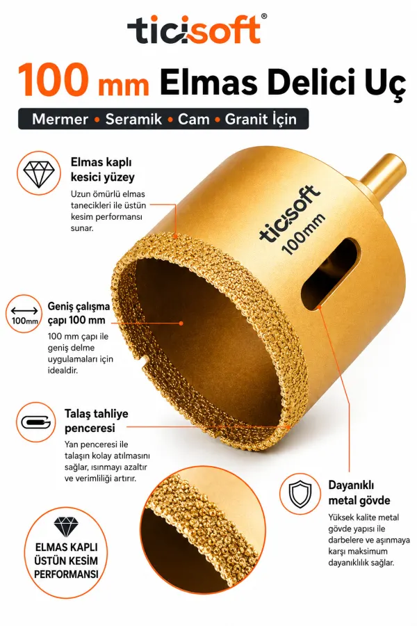 100 mm Elmas Delici Uç Mermer Seramik Cam Granit Panç Matkap Ucu