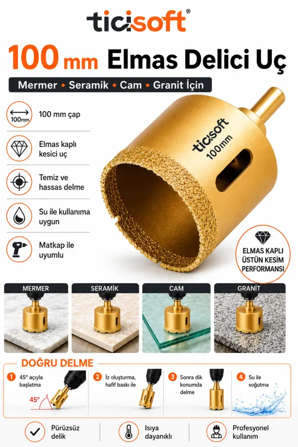 100 mm Elmas Delici Uç Mermer Seramik Cam Granit Panç Matkap Ucu