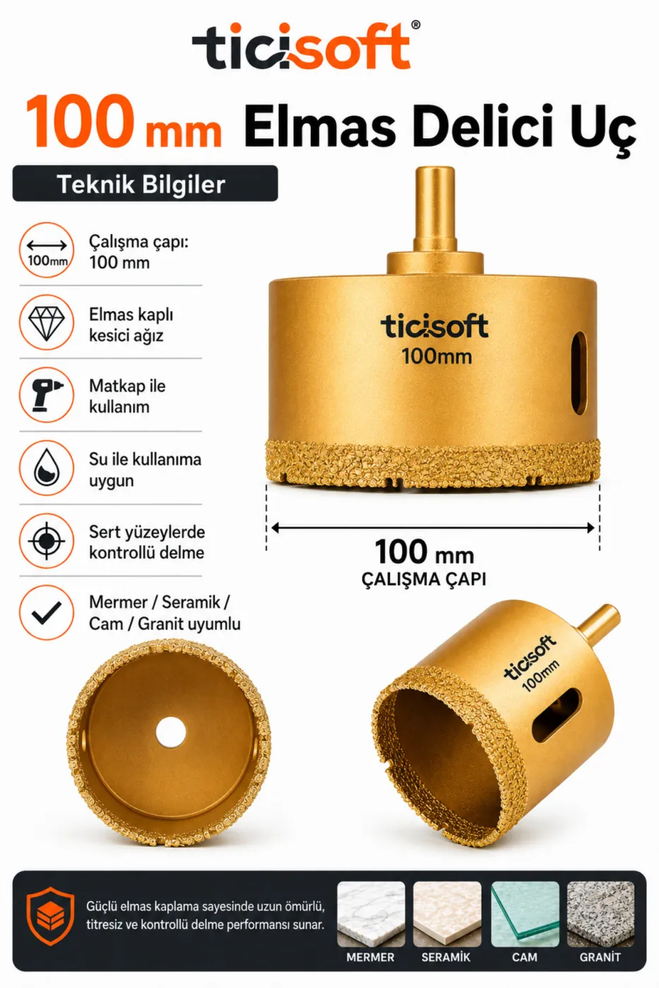 100 mm Elmas Delici Uç Mermer Seramik Cam Granit Panç Matkap Ucu