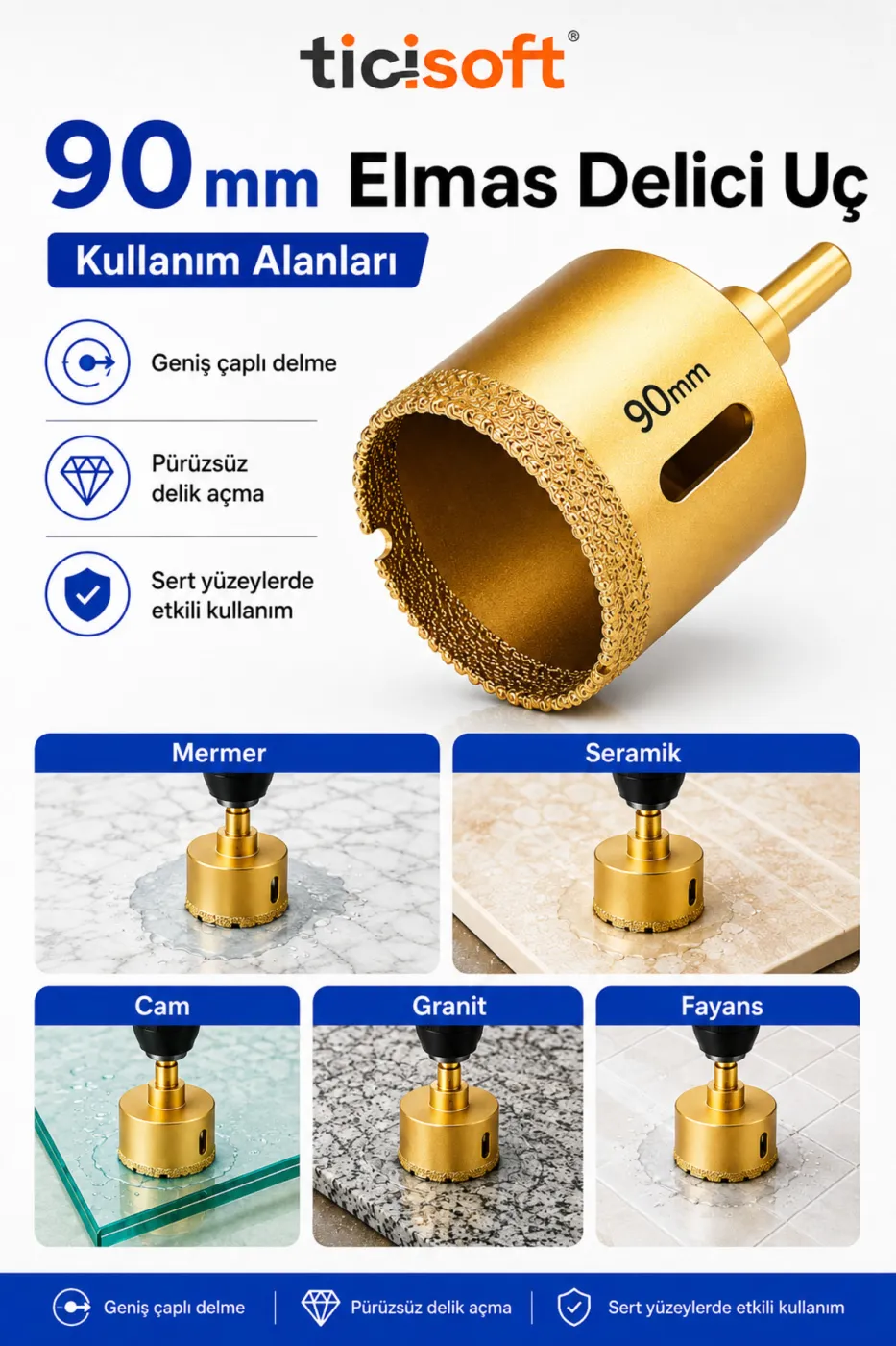 90 mm Elmas Delici Uç Mermer Seramik Cam Granit Panç Matkap Ucu
