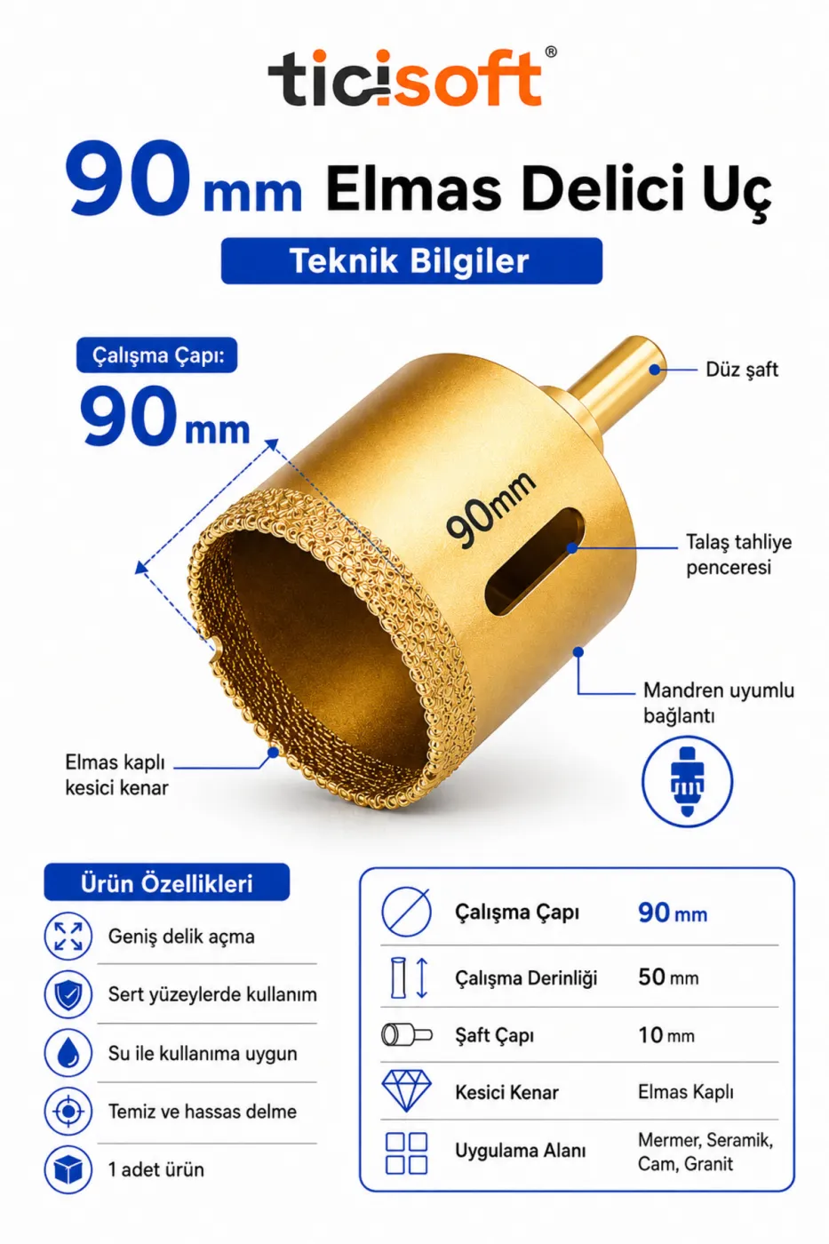90 mm Elmas Delici Uç Mermer Seramik Cam Granit Panç Matkap Ucu