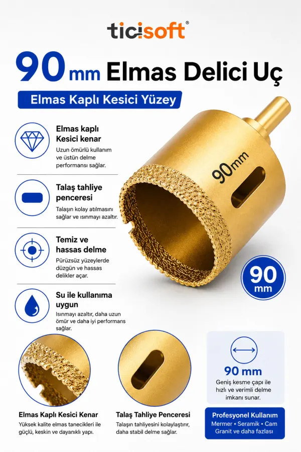90 mm Elmas Delici Uç Mermer Seramik Cam Granit Panç Matkap Ucu