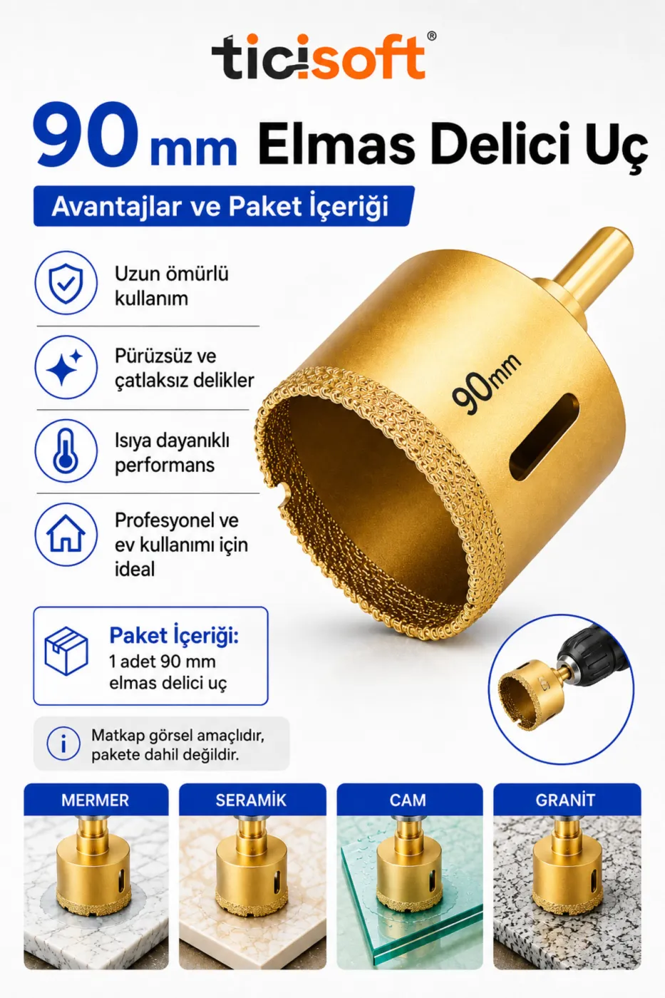 90 mm Elmas Delici Uç Mermer Seramik Cam Granit Panç Matkap Ucu