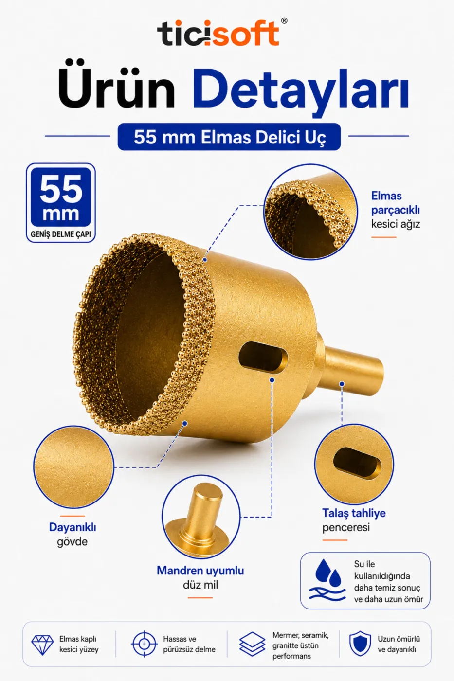 55 mm Elmas Delici Uç Mermer Seramik Cam Granit Panç Matkap Ucu