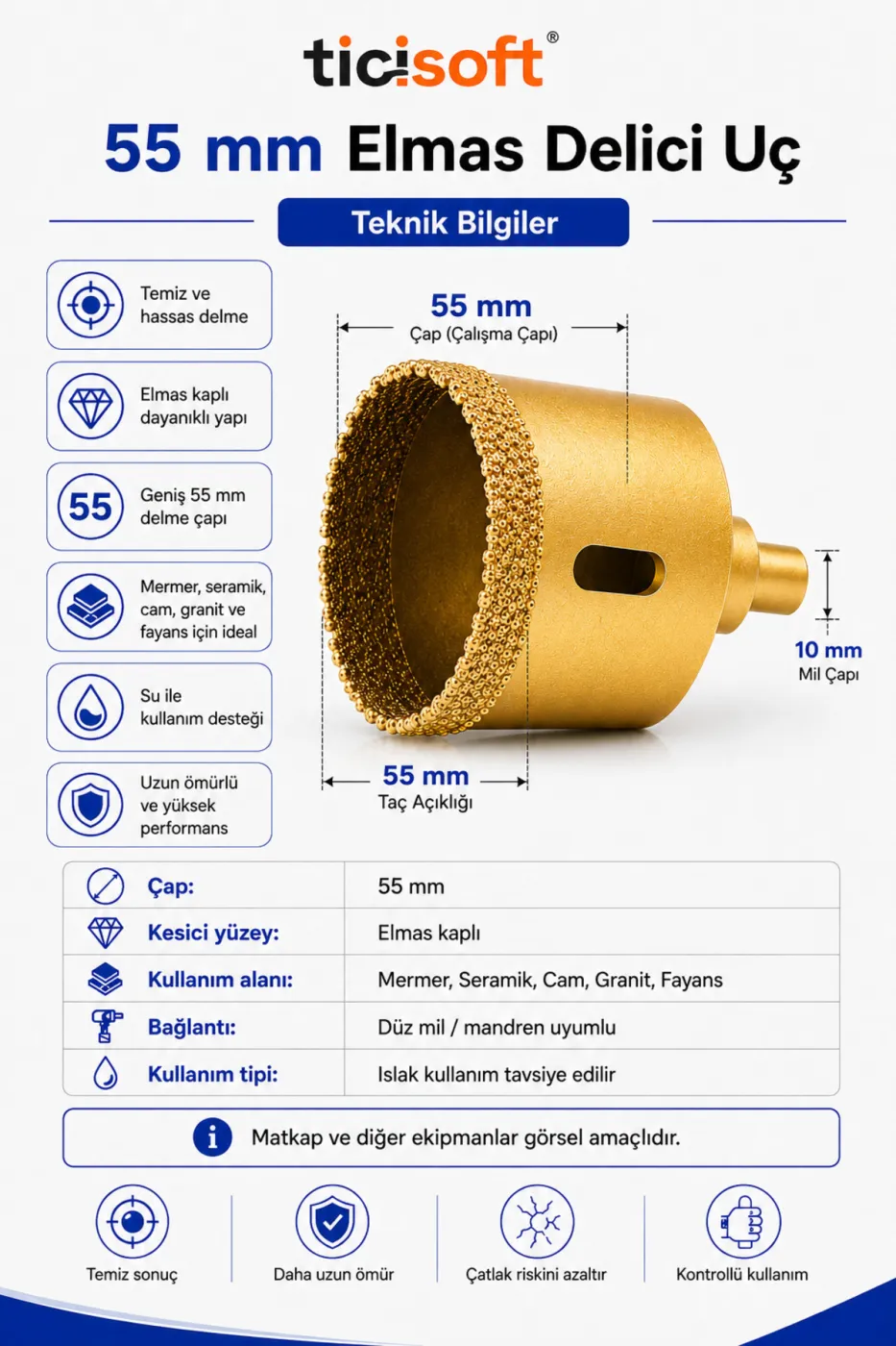 55 mm Elmas Delici Uç Mermer Seramik Cam Granit Panç Matkap Ucu
