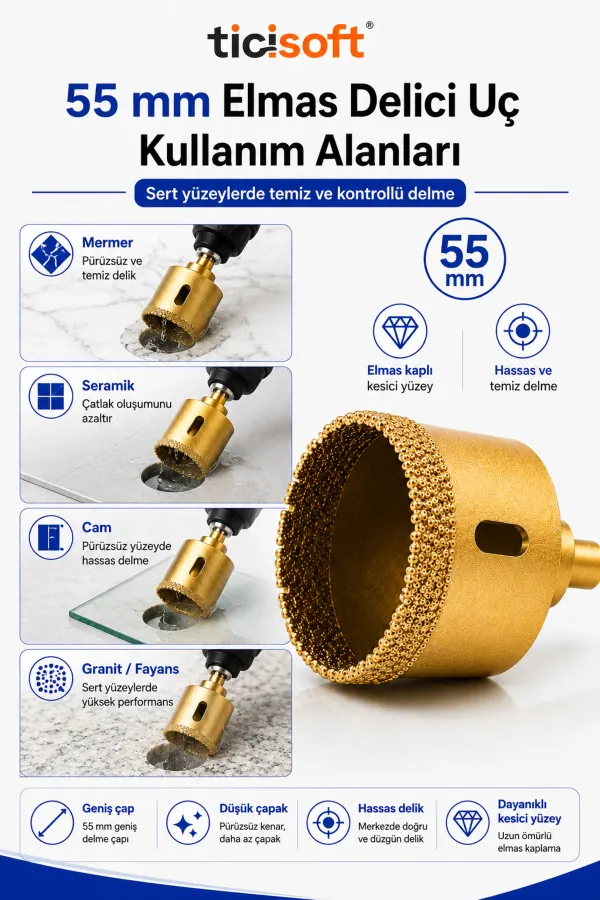 55 mm Elmas Delici Uç Mermer Seramik Cam Granit Panç Matkap Ucu