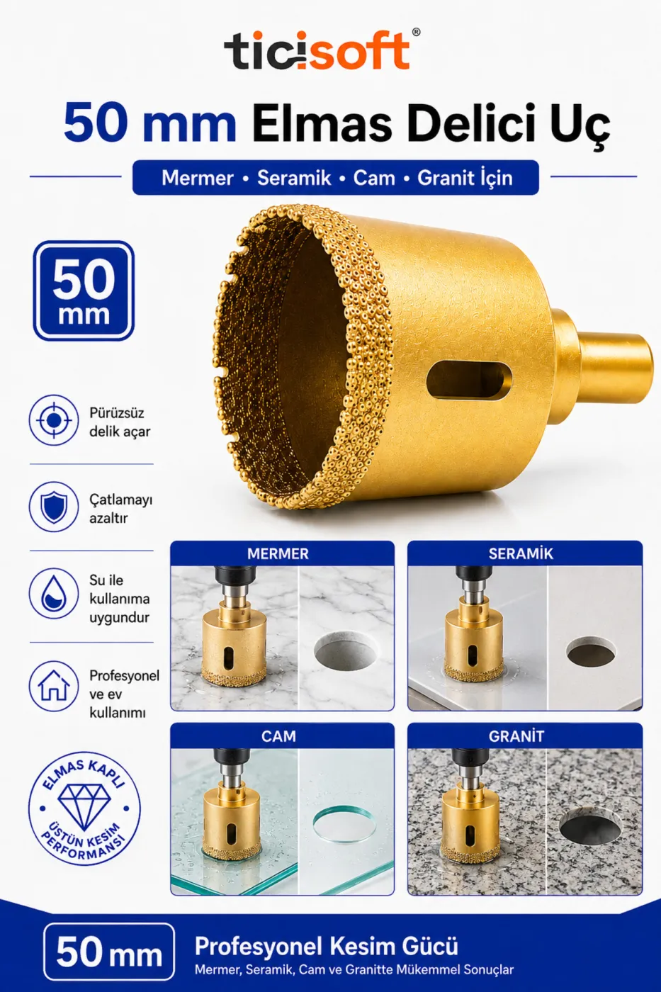50 mm Elmas Delici Uç Mermer Seramik Cam Granit Panç Matkap Ucu
