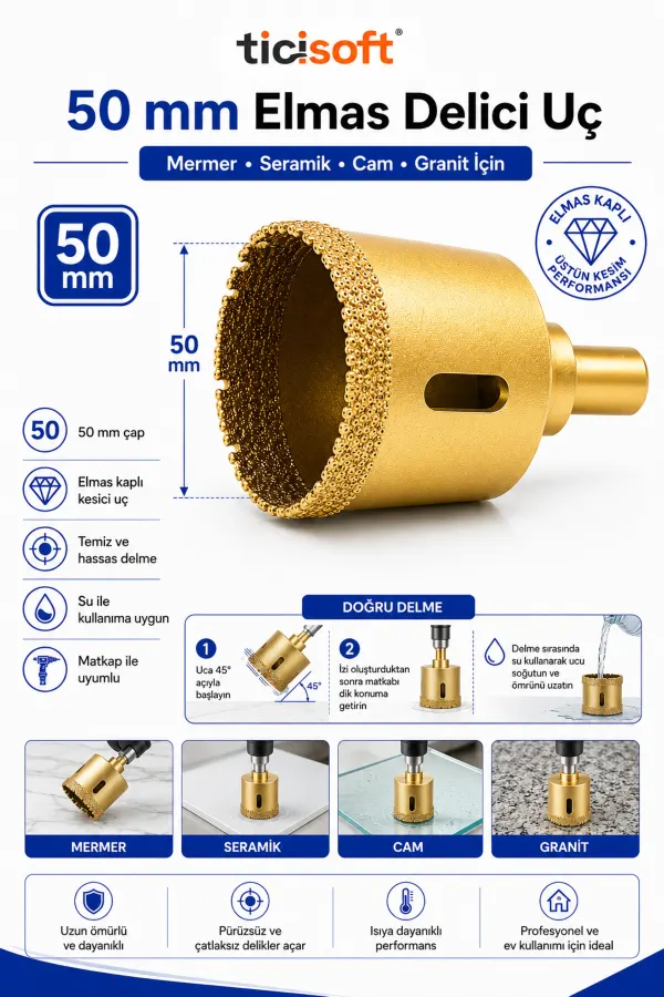 50 mm Elmas Delici Uç Mermer Seramik Cam Granit Panç Matkap Ucu