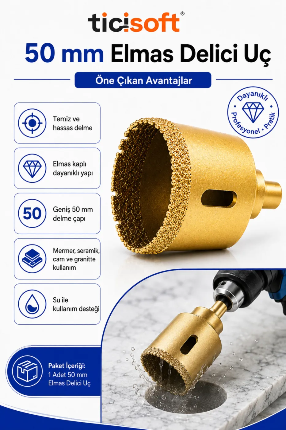 50 mm Elmas Delici Uç Mermer Seramik Cam Granit Panç Matkap Ucu
