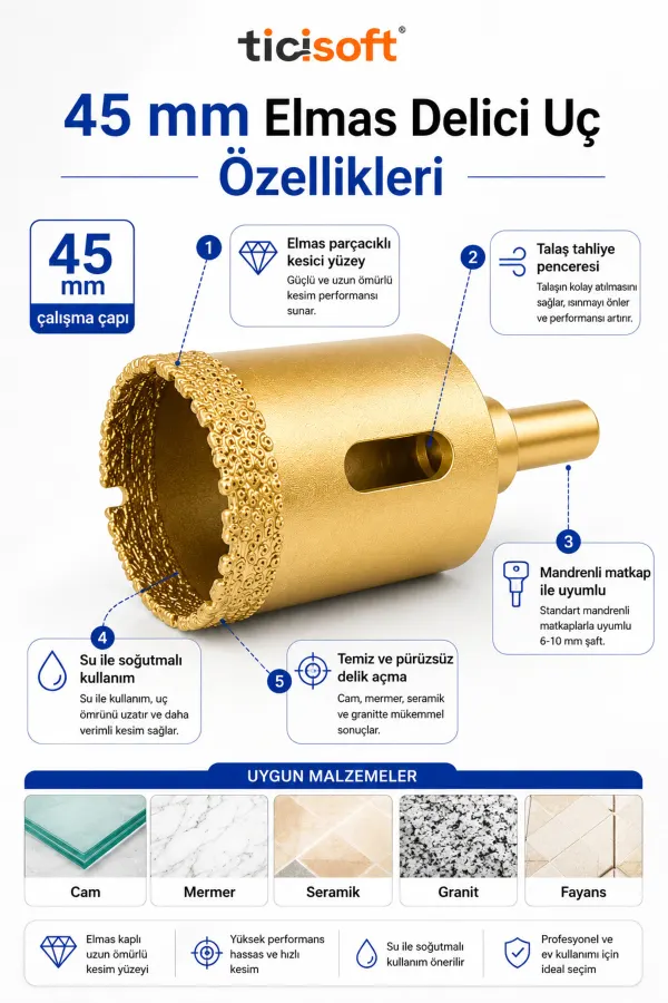 45 mm Elmas Delici Uç Mermer Seramik Cam Granit Panç Matkap Ucu
