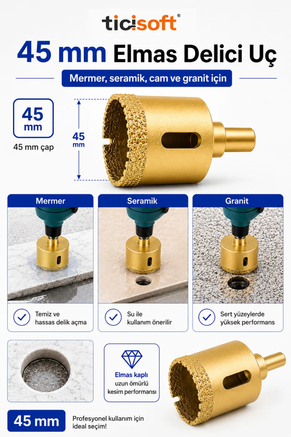 45 mm Elmas Delici Uç Mermer Seramik Cam Granit Panç Matkap Ucu