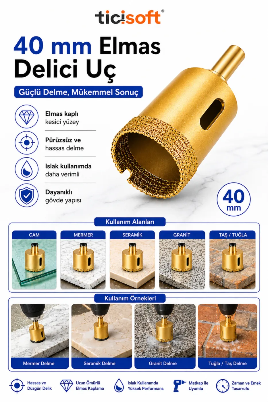 40 mm Elmas Delici Uç Mermer Seramik Cam Granit Panç Matkap Ucu