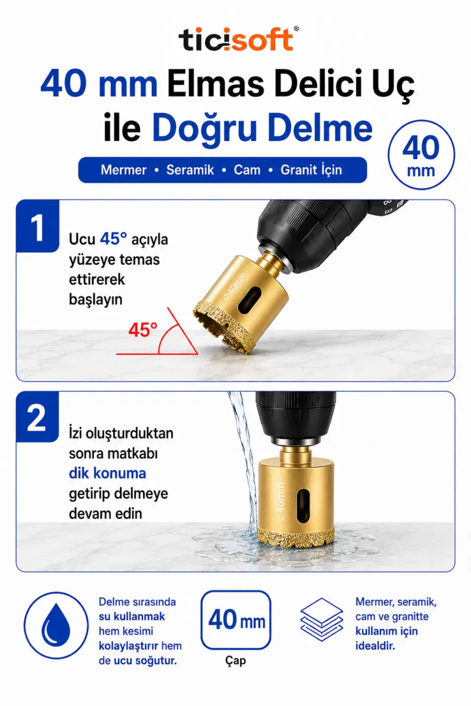 40 mm Elmas Delici Uç Mermer Seramik Cam Granit Panç Matkap Ucu