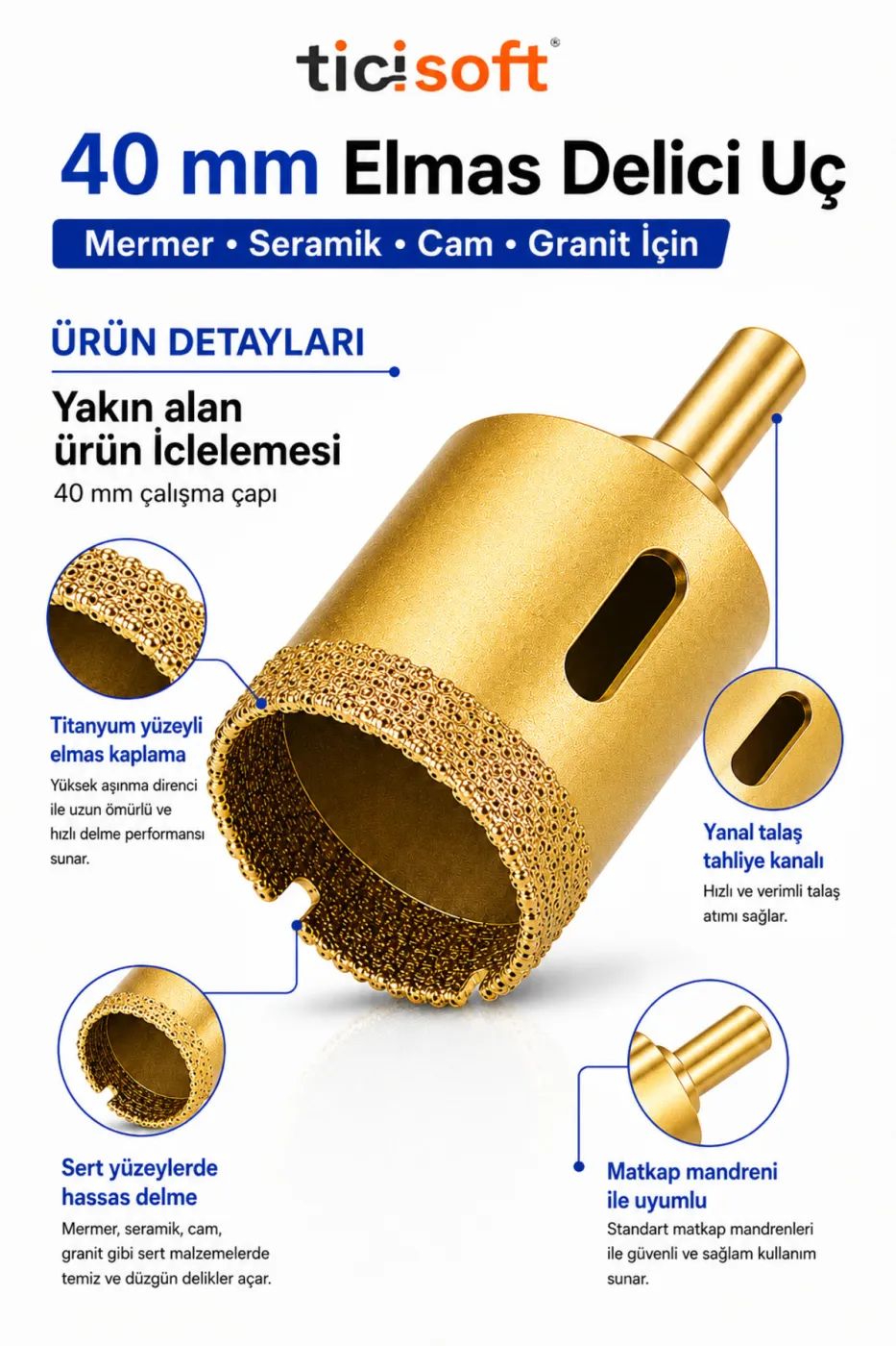 40 mm Elmas Delici Uç Mermer Seramik Cam Granit Panç Matkap Ucu