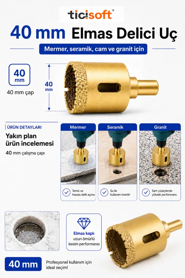 40 mm Elmas Delici Uç Mermer Seramik Cam Granit Panç Matkap Ucu
