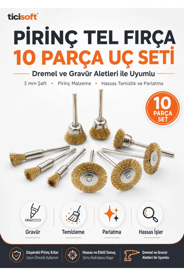 Matkap ve Gravür Uyumlu 37mm Bakır-Çinko-Pirinç Alaşım Tel Fırça 10 Parça 3mm Sap HSS Uç Seti