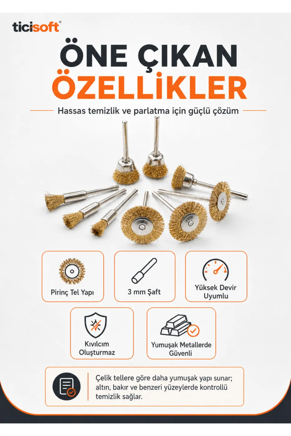 Matkap ve Gravür Uyumlu 37mm Bakır-Çinko-Pirinç Alaşım Tel Fırça 10 Parça 3mm Sap HSS Uç Seti