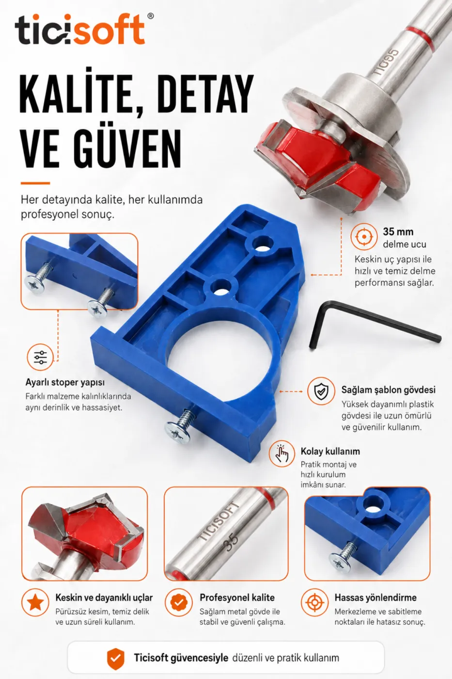 35 mm Menteşe Yeri Yuva Açma Seti Ayarlı Hizalama Kılavuzu ve Stoperli Panç Ucu