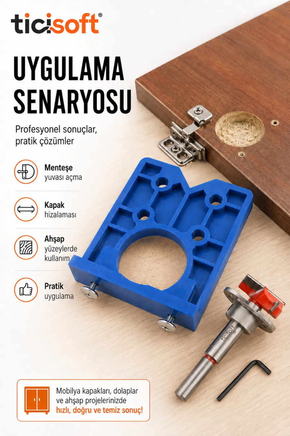 35 mm Menteşe Yeri Yuva Açma Seti Ayarlı Hizalama Kılavuzu ve Stoperli Panç Ucu