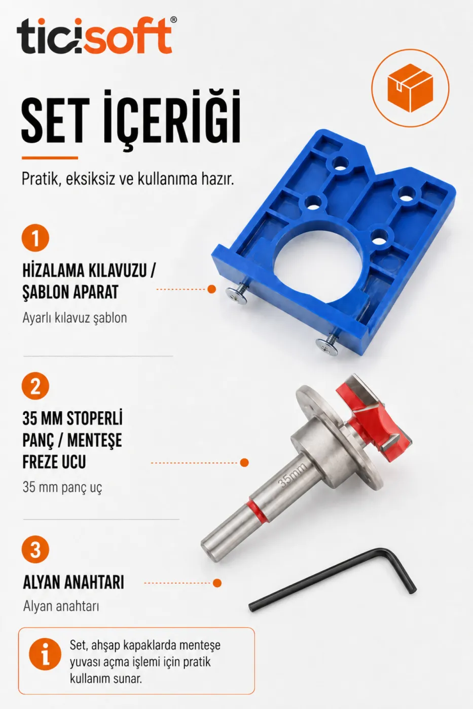 35 mm Menteşe Yeri Yuva Açma Seti Ayarlı Hizalama Kılavuzu ve Stoperli Panç Ucu