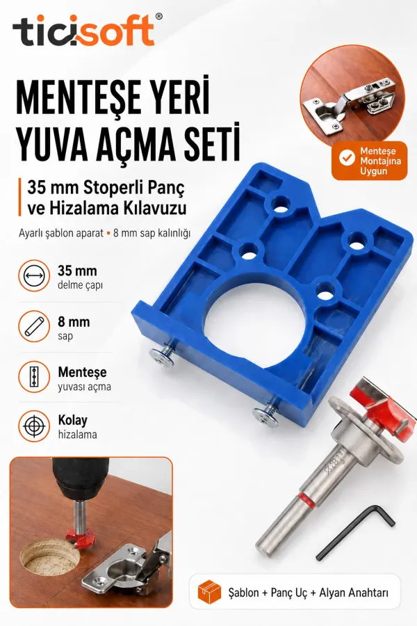 35 mm Menteşe Yeri Yuva Açma Seti Ayarlı Hizalama Kılavuzu ve Stoperli Panç Ucu