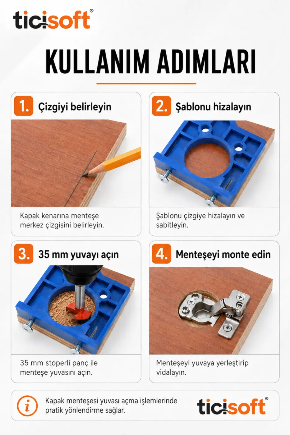 35 mm Menteşe Yeri Yuva Açma Seti Ayarlı Hizalama Kılavuzu ve Stoperli Panç Ucu