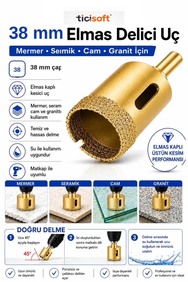 38 mm Elmas Delici Uç Mermer Seramik Cam Granit Panç Matkap Ucu