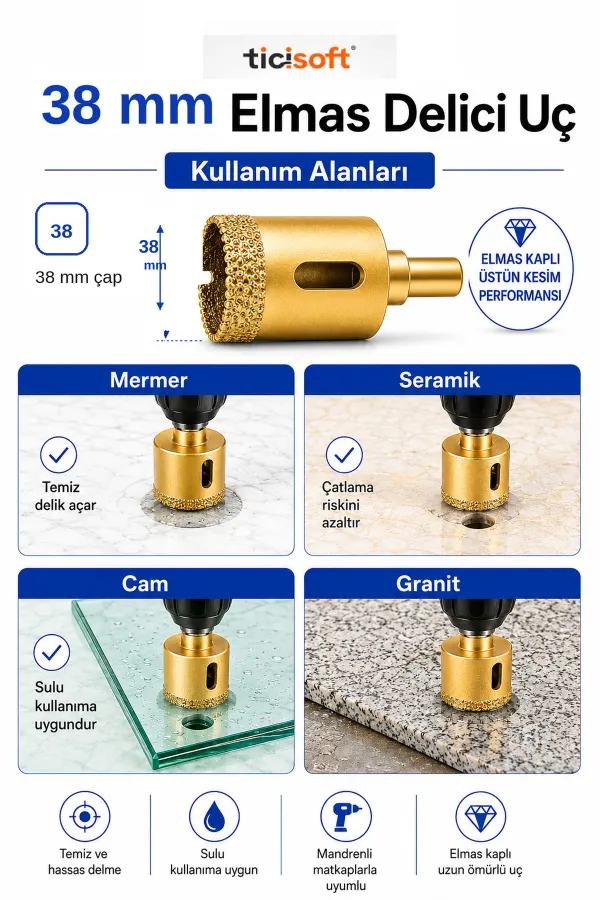 38 mm Elmas Delici Uç Mermer Seramik Cam Granit Panç Matkap Ucu