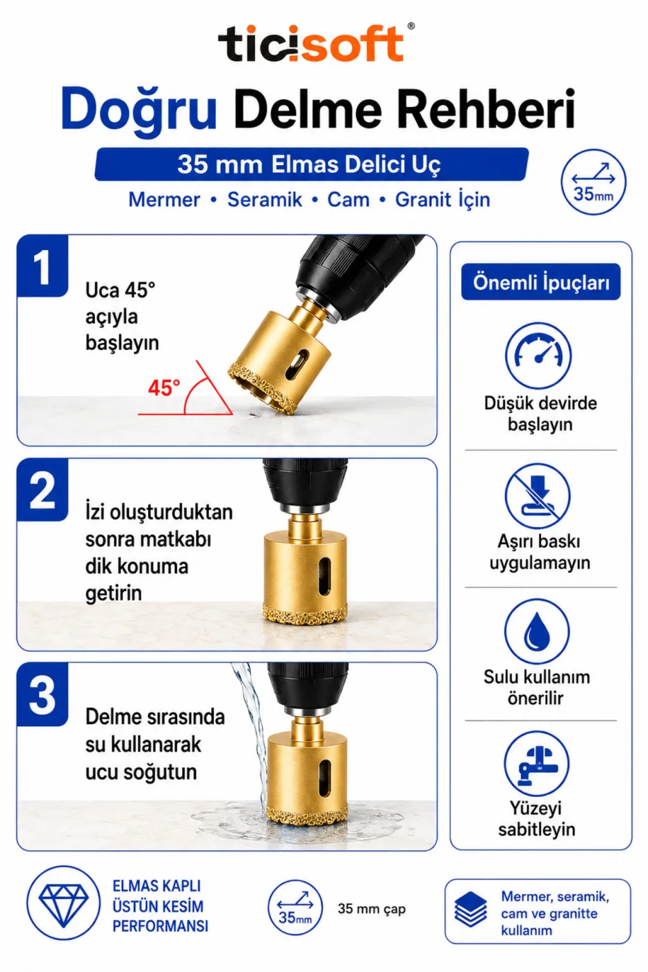 35 mm Elmas Delici Uç Mermer Seramik Cam Granit Panç Matkap Ucu